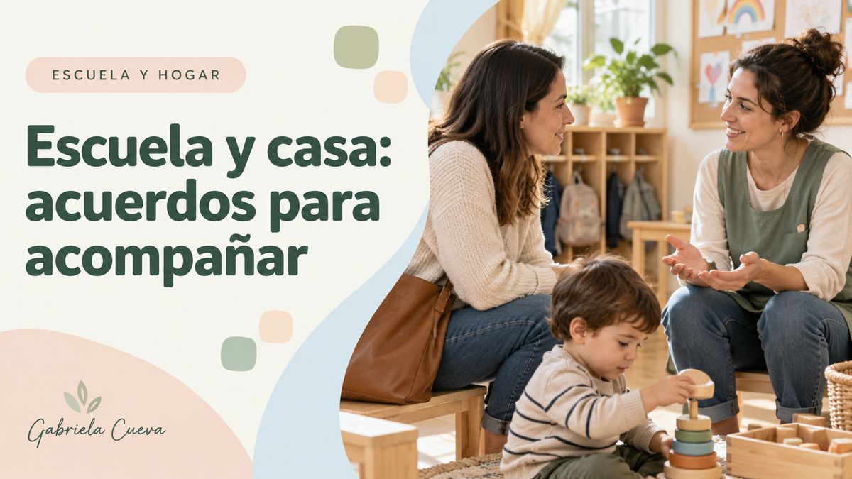 Portada del artículo «Escuela y casa: acuerdos para acompañar»: una madre y una educadora conversan mientras un niño juega