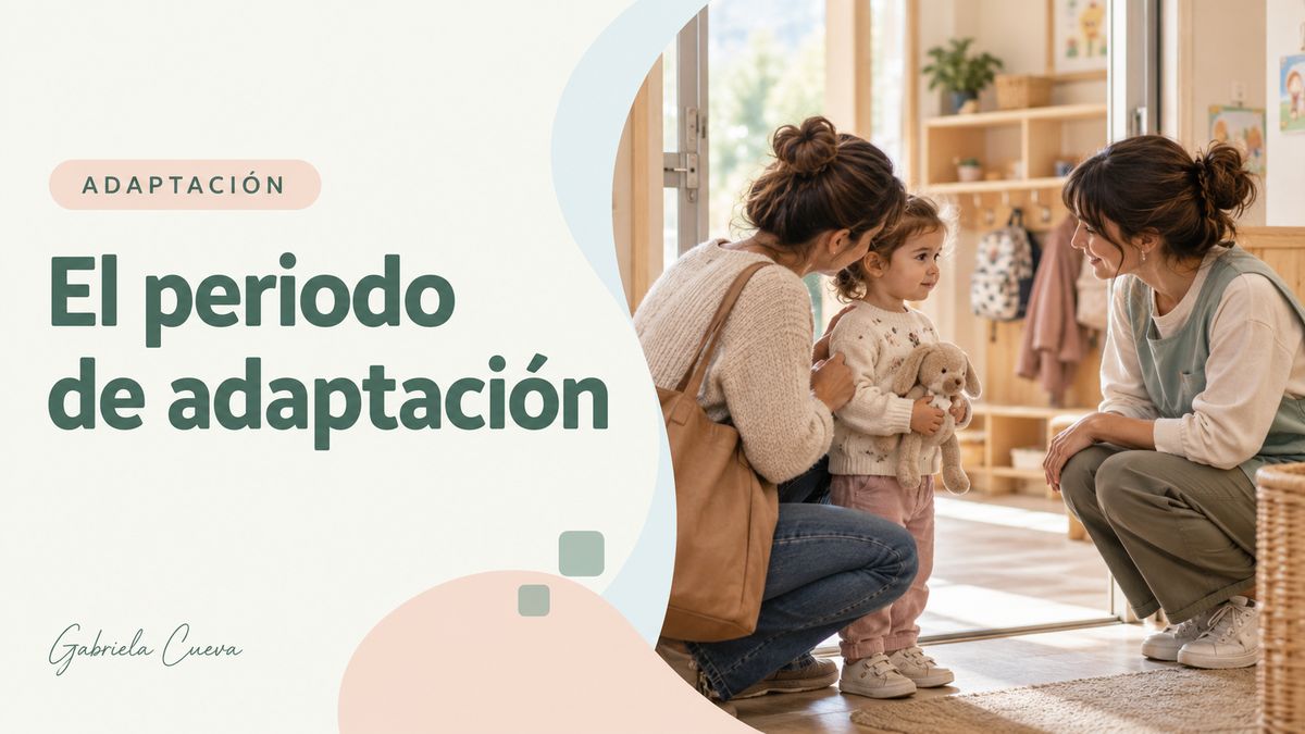 Portada del artículo «El periodo de adaptación»: una madre y una educadora acompañan a una niña que llega a la escuela con su peluche
