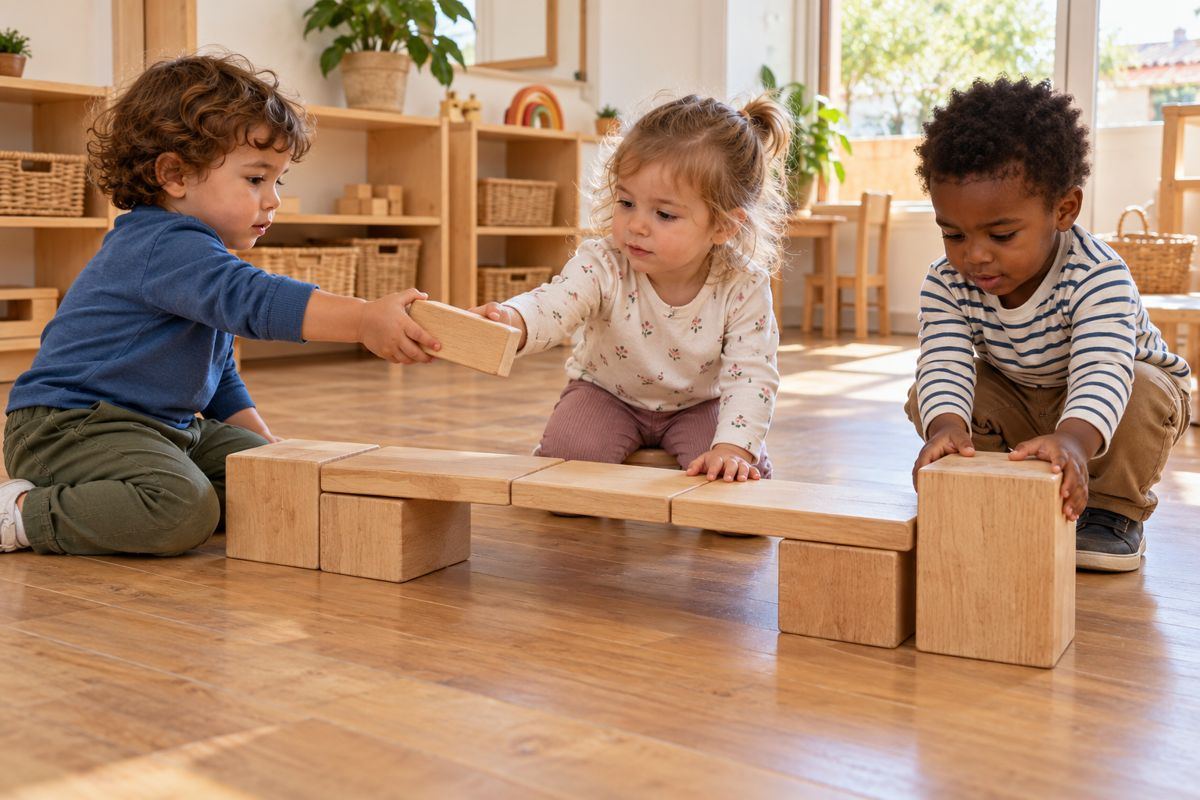Tres niños pequeños construyen juntos un puente con bloques grandes de madera