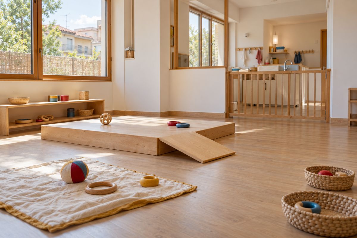 Aula de bebés con luz natural, una plataforma de madera con rampa, una alfombra y cestos con objetos para explorar