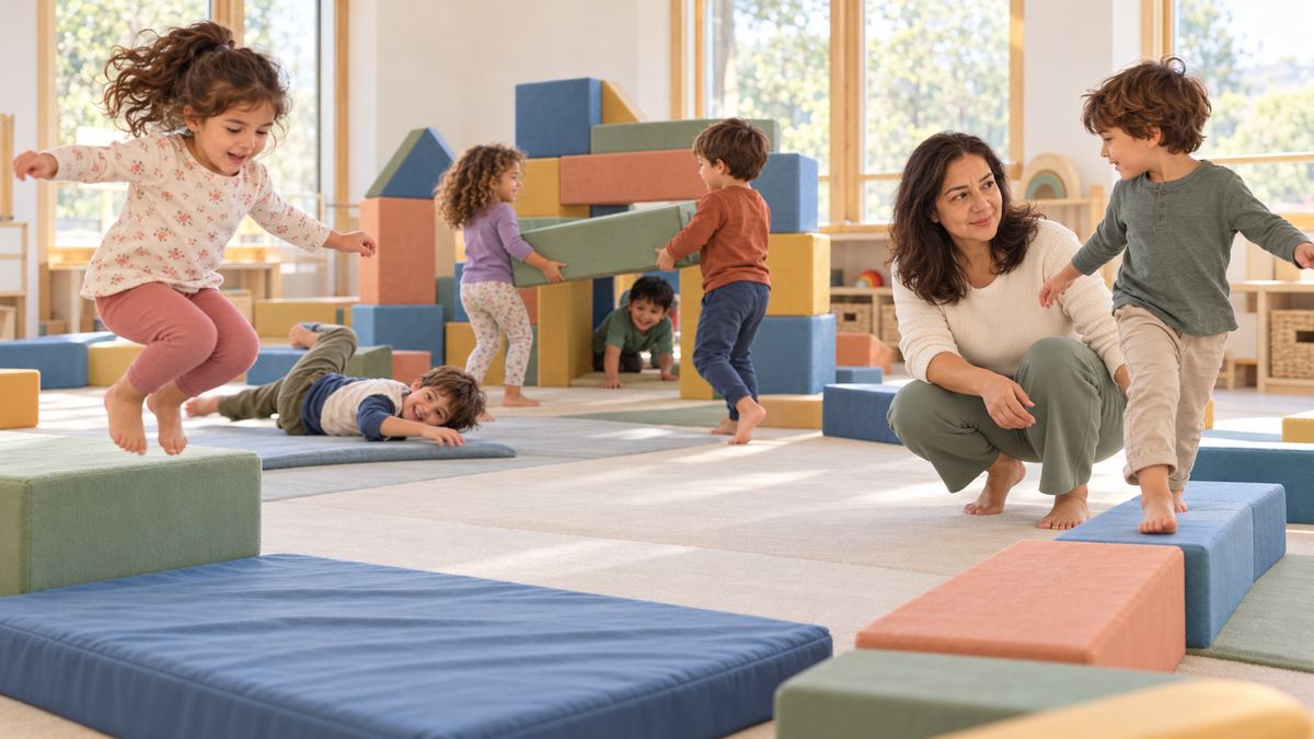 Gabriela acompaña a niños y niñas que saltan, construyen torres y se arrastran por la sala