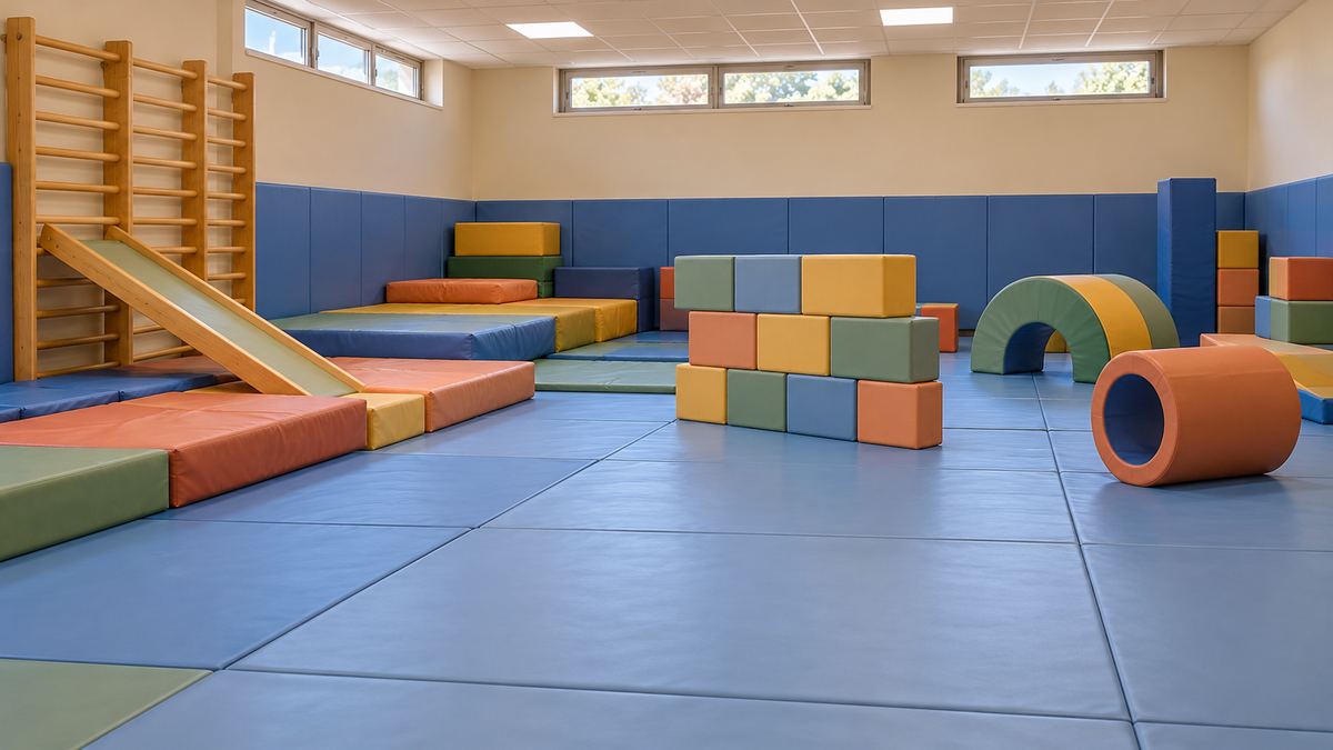 Sala de psicomotricidad preparada con colchonetas, espalderas con tobogán, bloques de espuma, un arco y un túnel de colores